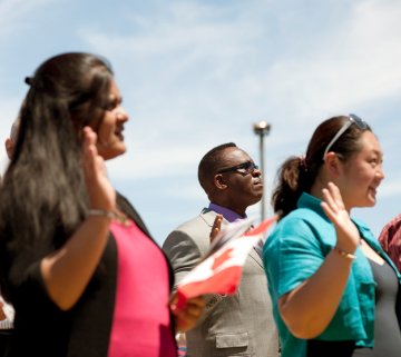 New Canadian citizens being sworn in at a citizenship ceremony