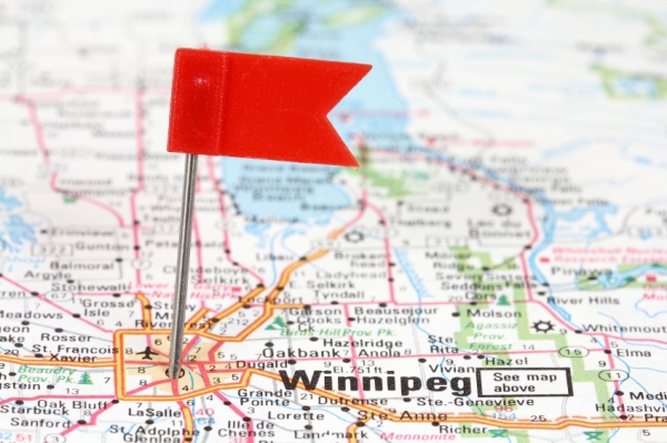 A map of Manitoba, Canada, showing where the capital city, Winnipeg, is located