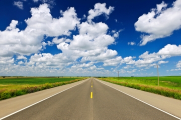 A long,straight road in Saskatchewan, Canada