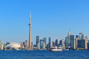 A view of downtown Toronto, Ontario, Canada, from the lake on a sunny day
