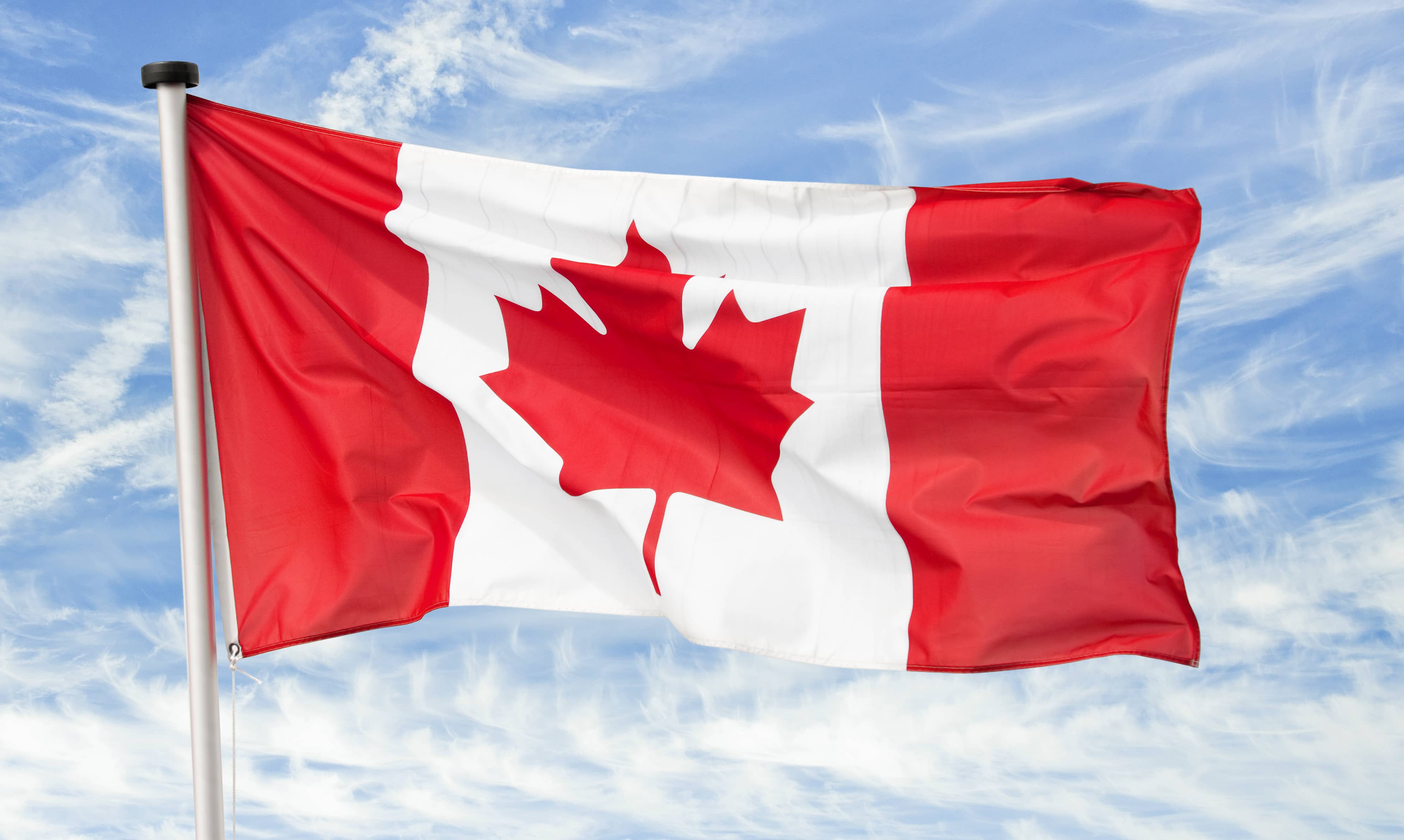 Canada flag 
 against the blue sky with parliament in the background/