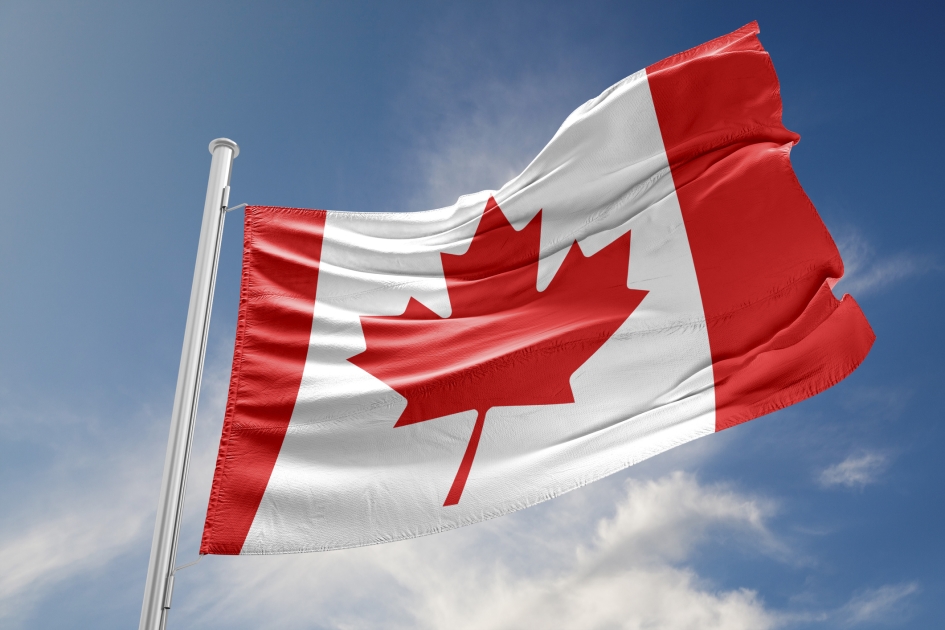 Multiple Canadian flags fluttering in the air.