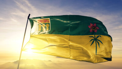 Saskatchewan flag against sunset