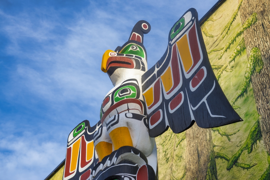 A view of a totem pole in British Columbia, Canada. 
