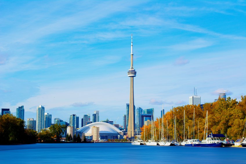 The view of the CN Tower in Toronto, Ontario, Canada from Lake Ontario.