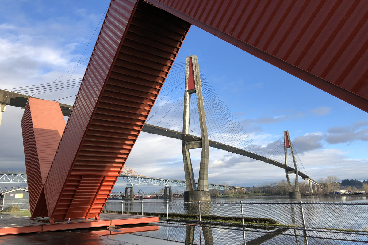 Great view of the city of New Westminster and Fraser River, Pattullo bridge in British Columbia.