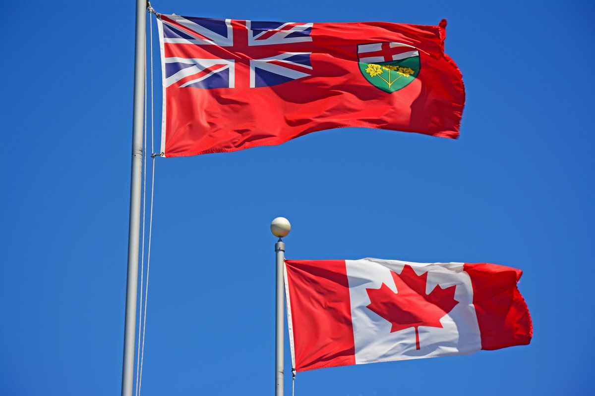 View of Canada and Ontario flag on a clear day.