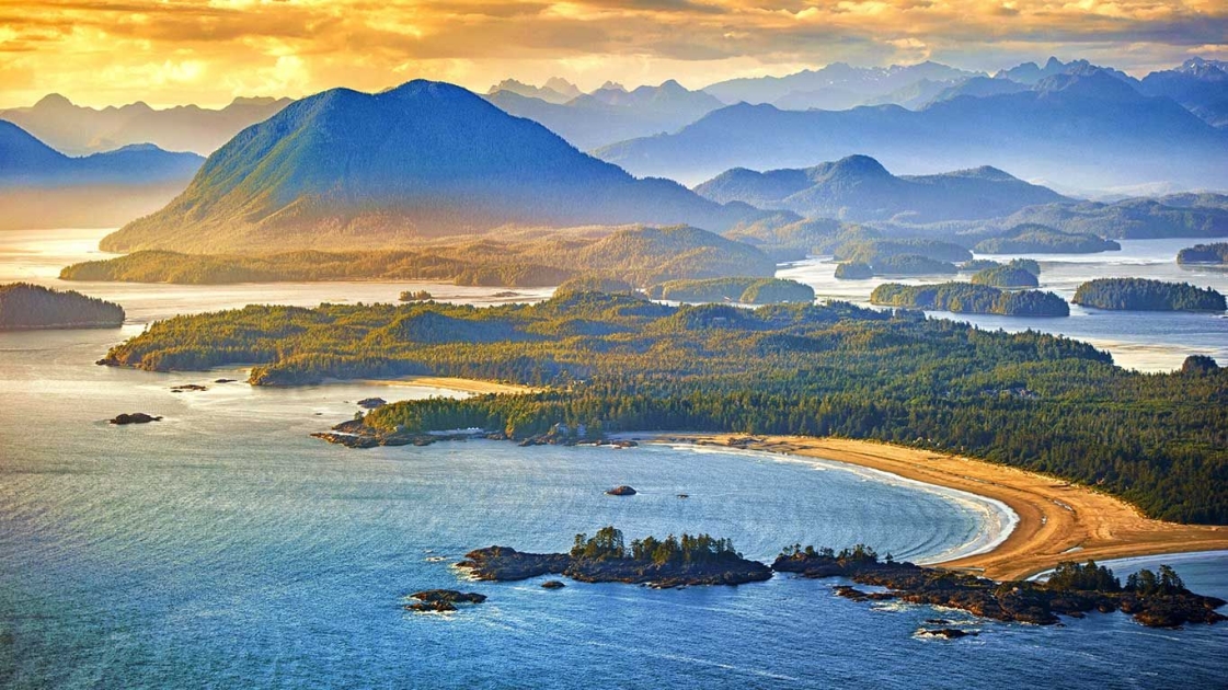 An aerial view of Tofino on Vancouver Island in British Columbia.