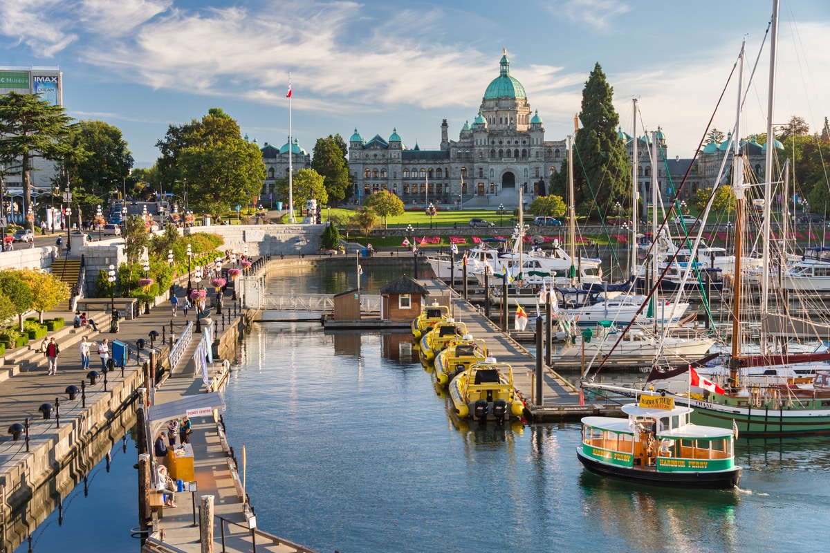 Victoria Harbour in British Columbia at sunset.